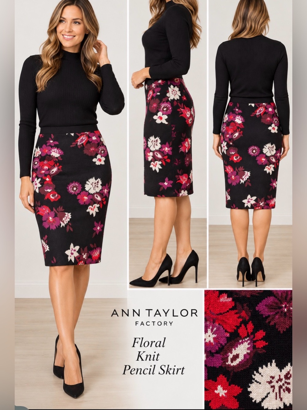Ann Taylor Factory Floral Knit Pencil Skirt Black Burgundy XS